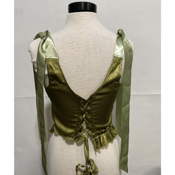 Ribbon Corset Top Medium Whimsical Satiny Chartreuse Lace Up Back Fairy - Picture 3 of 8
